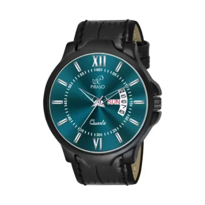 PIRASO Analog Day & Date Working Display Turquoise Dial & Black Strap Watch for Men