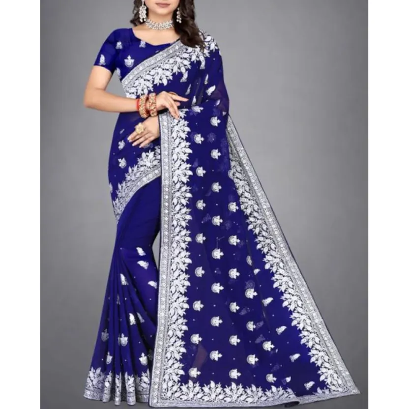 Silver Stone Embroidered Georgette Saree with Multiple Blouse Options Silver Stone Embroidered Georgette Saree with Multiple Blouse Options - Image 3