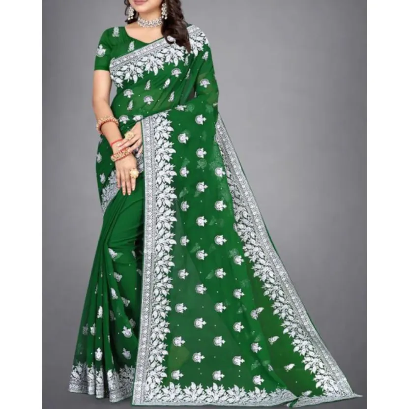 Silver Stone Embroidered Georgette Saree with Multiple Blouse Options Silver Stone Embroidered Georgette Saree with Multiple Blouse Options