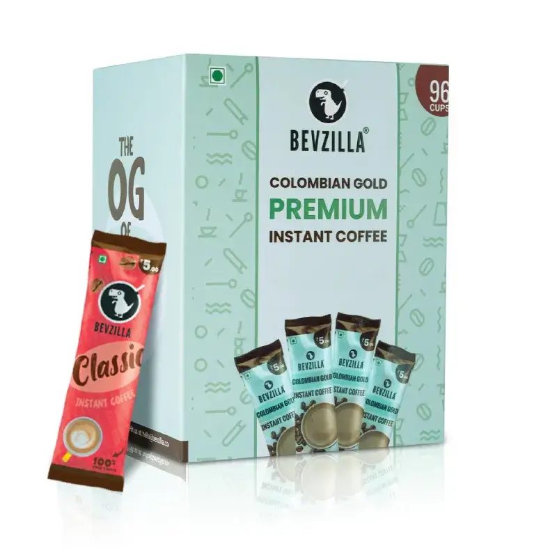 Bevzilla Colombian Gold Instant Coffee Sachets Pack of 96 Arabica Coffee bevzilla colombian gold coffee sachets