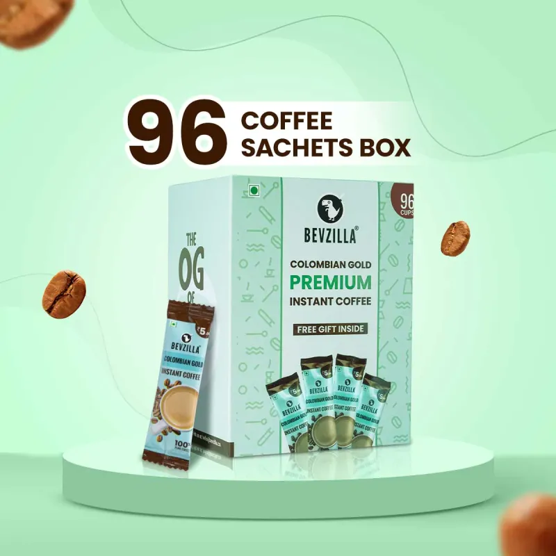 Bevzilla Colombian Gold Instant Coffee Sachets Pack of 96 Arabica Coffee bevzilla colombian gold coffee sachets