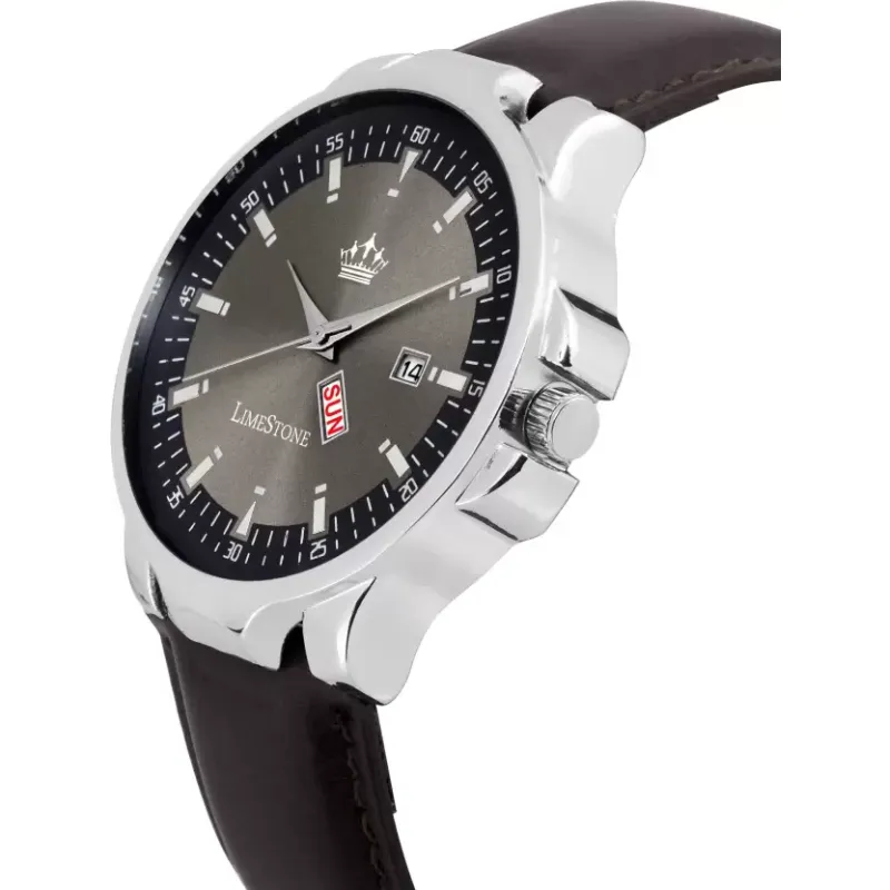 LIMESTONE Grey Dial Day & Date Leather Strap Men’s Watch limestone grey dial day date mens watch