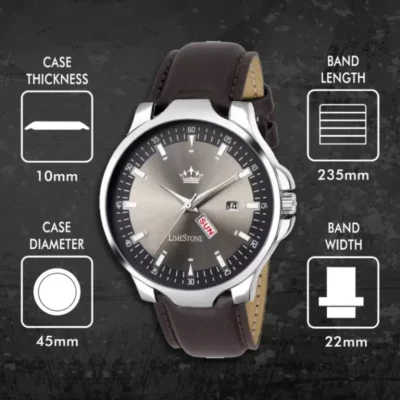LIMESTONE Grey Dial Day & Date Leather Strap Men’s Watch limestone grey dial day date mens watch
