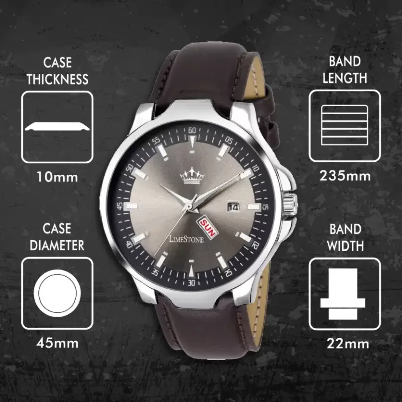 LIMESTONE Grey Dial Day & Date Leather Strap Men’s Watch limestone grey dial day date mens watch