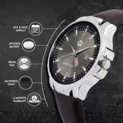 LIMESTONE Grey Dial Day & Date Leather Strap Men’s Watch limestone grey dial day date mens watch