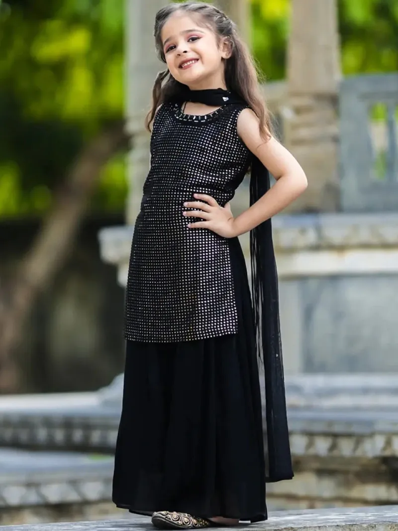 Shopsy Girls Black Embroidered Mirror Work Kurti Palazzo Set with Dupatta shopsy girls black mirror work kurti palazzo set