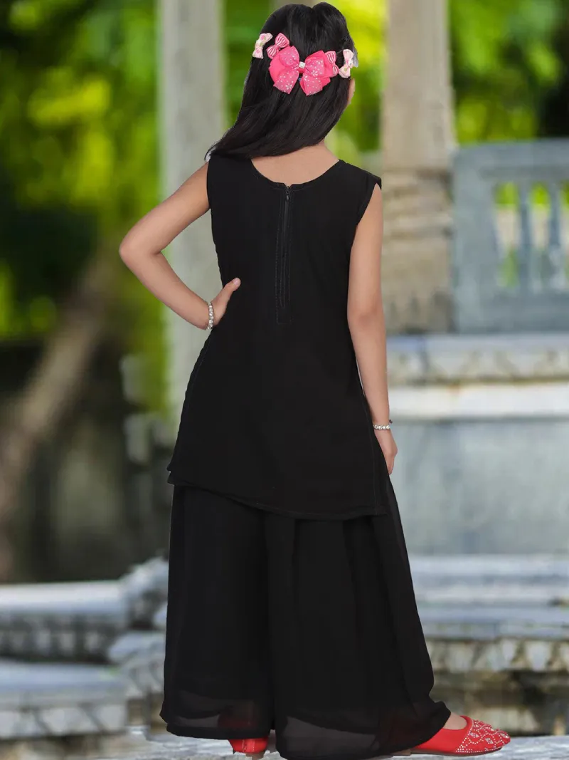 Shopsy Girls Black Embroidered Mirror Work Kurti Palazzo Set with Dupatta shopsy girls black mirror work kurti palazzo set