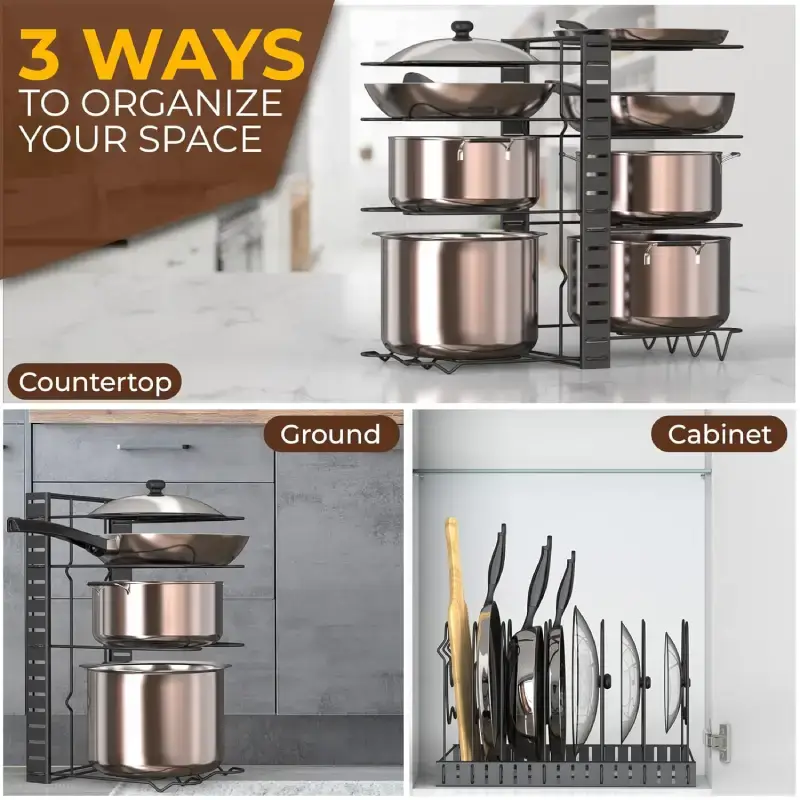 Shopsy Black Iron 8-Tier Pot and Pan Organizer Rack - 4 Tiers Each Side Shopsy Black Iron 8-Tier Pot and Pan Organizer Rack