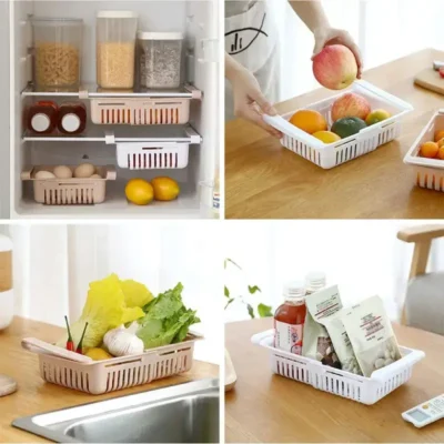 Shopsy Set of 4 Adjustable Plastic Refrigerator Storage Baskets - Expandable Sliding Trays Shopsy Plastic Refrigerator Storage Baskets