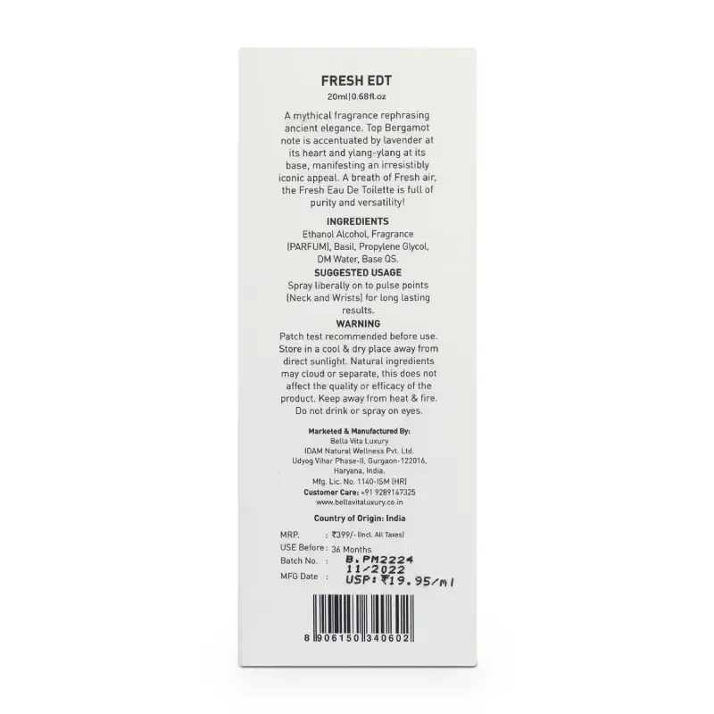 Bella Vita Luxury FRESH Unisex EDT - 20ml Long-Lasting Fragrance Bella Vita FRESH Unisex EDT