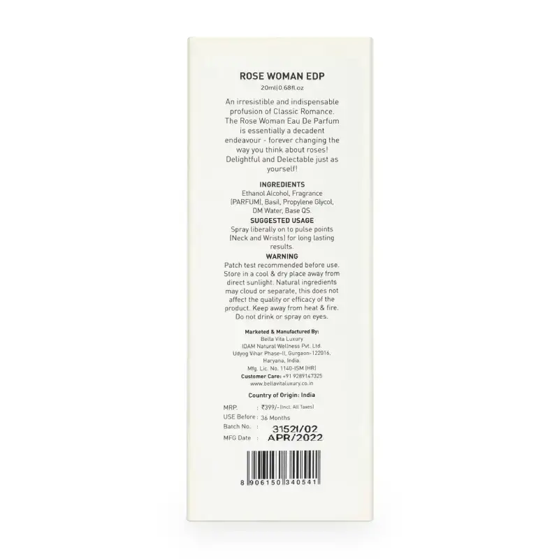 Bella Vita Organic Rose Woman EDP - 20ml Long-Lasting Fragrance Bella Vita Rose Woman EDP