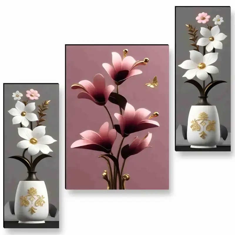 Shopsy Set of 3 Flower Pot 3D Wall Art Paintings for Home and Office Shopsy Flower Pot 3D Wall Art Paintings