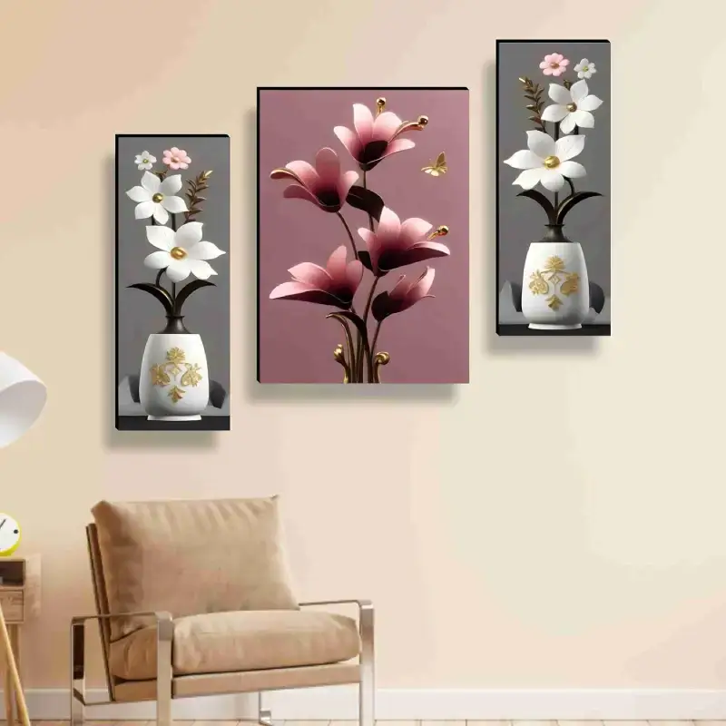 Shopsy Set of 3 Flower Pot 3D Wall Art Paintings for Home and Office Shopsy Flower Pot 3D Wall Art Paintings