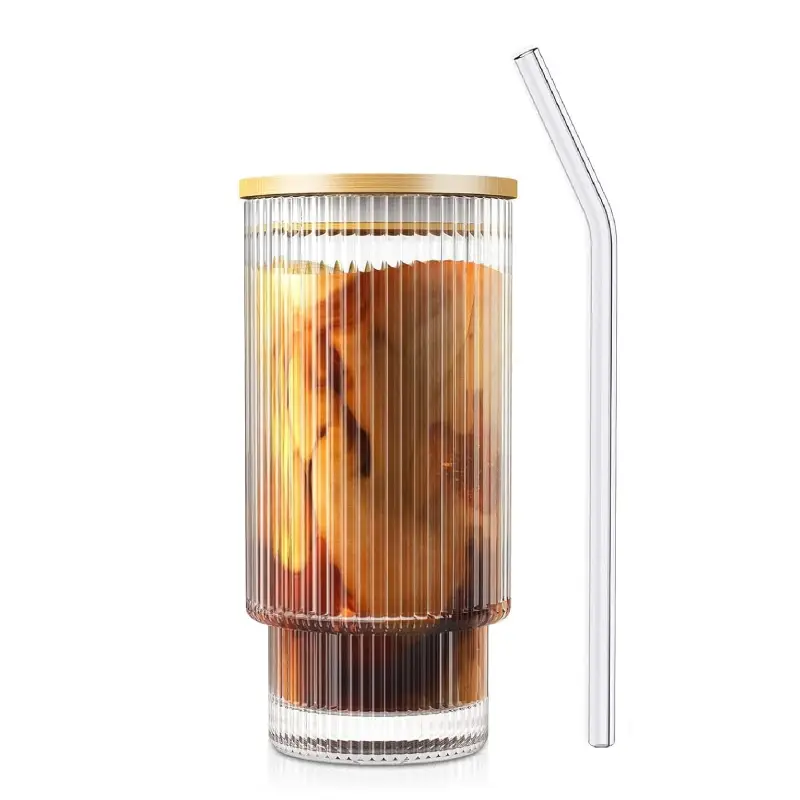 Shopsy 400ml Glass Tumbler with Bamboo Lid and Straw - Clear Fluted Shopsy Glass Tumbler with Bamboo Lid and Straw