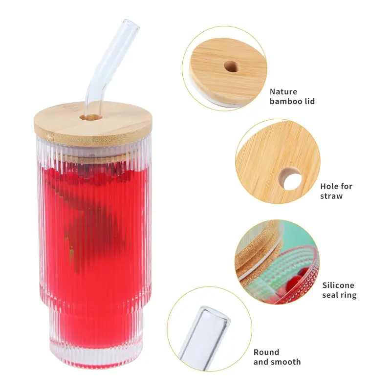 Shopsy 400ml Glass Tumbler with Bamboo Lid and Straw - Clear Fluted Shopsy Glass Tumbler with Bamboo Lid and Straw
