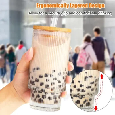 Shopsy 400ml Glass Tumbler with Bamboo Lid and Straw - Clear Fluted Shopsy Glass Tumbler with Bamboo Lid and Straw