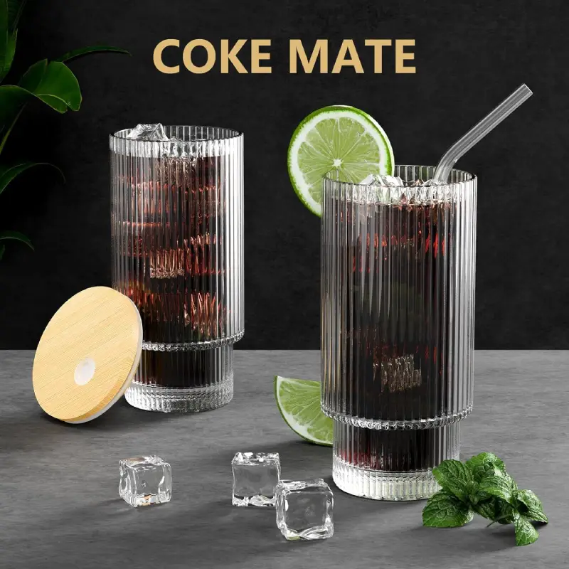 Shopsy 400ml Glass Tumbler with Bamboo Lid and Straw - Clear Fluted Shopsy Glass Tumbler with Bamboo Lid and Straw