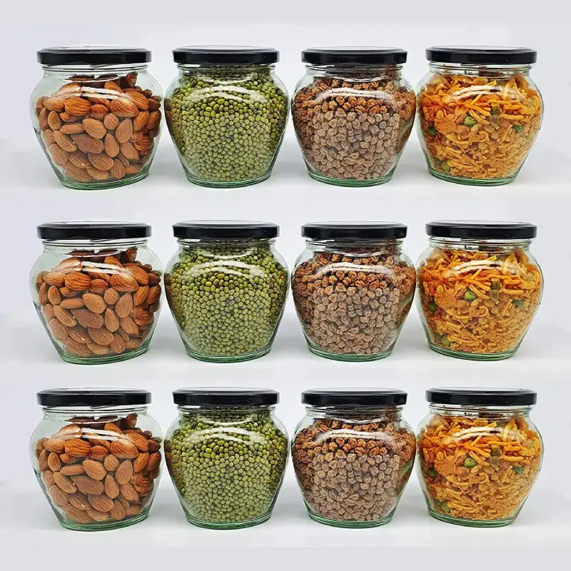 Shopsy Matka Shape Glass Jars with Airtight Metal Lid - 350ml, Set of 12 Shopsy Matka Shape Glass Jars