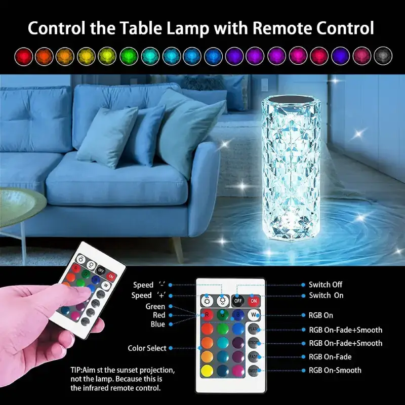 Shopsy Rose Crystal LED Table Lamp with 16 Colors and Remote - Rechargeable Shopsy Rose Crystal LED Table Lamp
