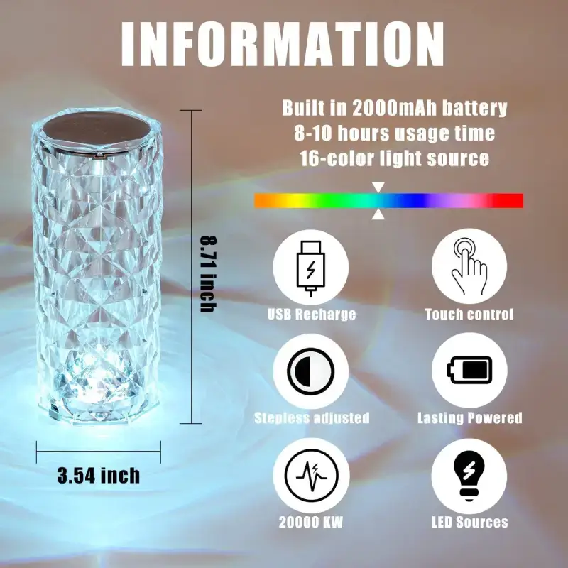 Shopsy Rose Crystal LED Table Lamp with 16 Colors and Remote - Rechargeable Shopsy Rose Crystal LED Table Lamp