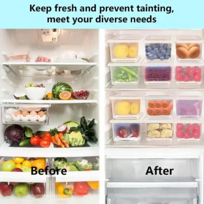 Shopsy Set of 6 Stackable Fridge Storage Boxes with Drain Plate and Lid - 1500ml, Transparent Shopsy Stackable Fridge Storage Boxes with Drain Plate and Lid