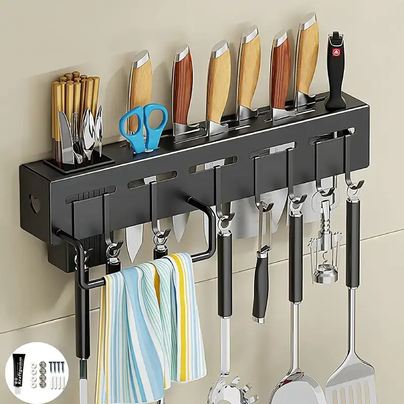 Shopsy Stainless Steel Wall-Mount Kitchen Shelf with Hooks and Towel Hanger Shopsy Stainless Steel Wall-Mount Kitchen Shelf