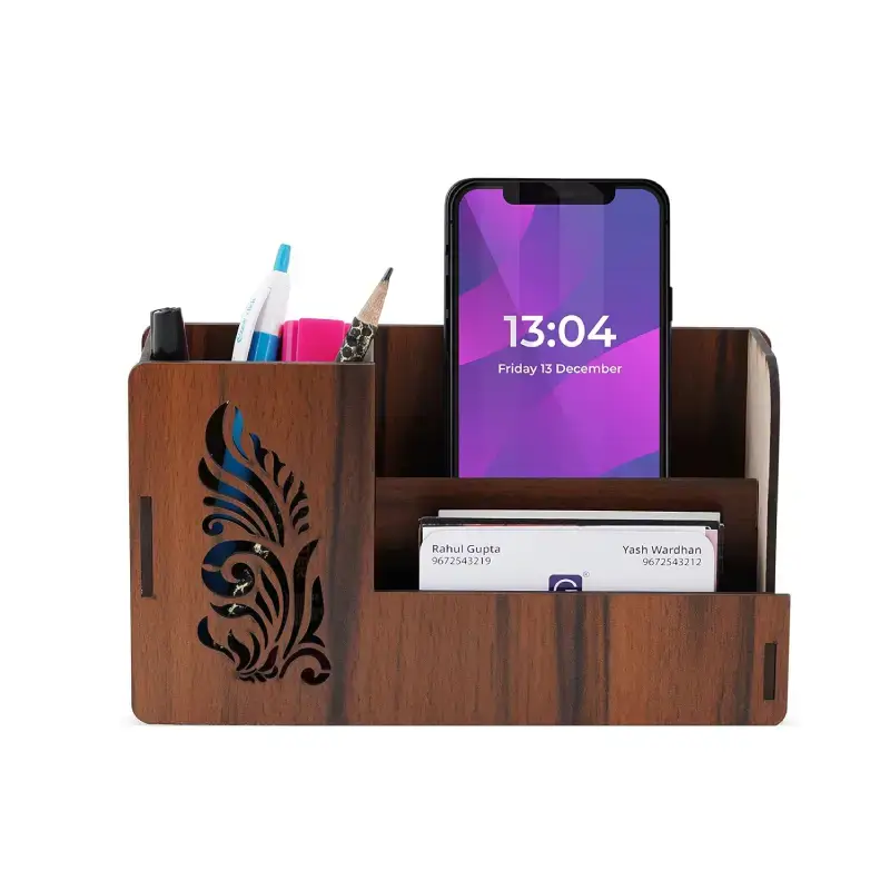 Shopsy Wooden Pen Stand with Card & Mobile Holder - Multipurpose Organizer Shopsy Wooden Pen Stand with Card & Mobile Holder