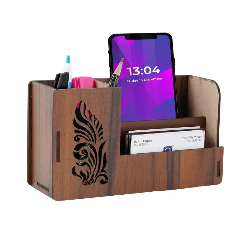 Shopsy Wooden Pen Stand with Card & Mobile Holder - Multipurpose Organizer Shopsy Wooden Pen Stand with Card & Mobile Holder
